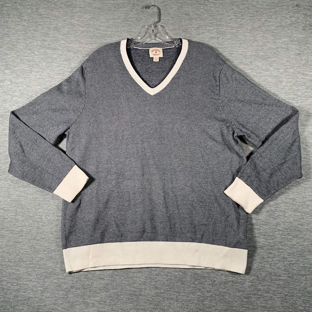 Brooks Brothers Red Fleece Sweater Mens XL Blue Cotton V Neck Knit Pullover